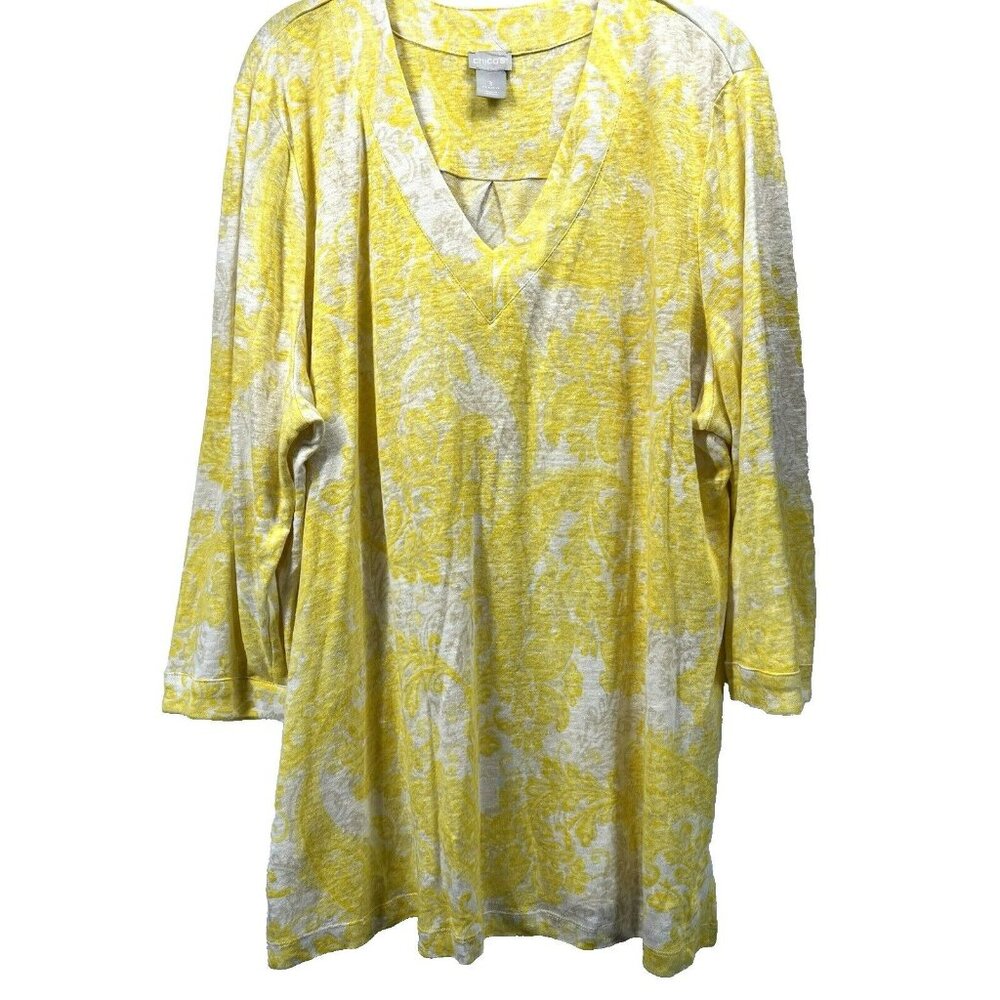 Chico's Women's Tunic Top Blouse XL V Neck 100% Linen Yellow White 3/4‎ Sleeve